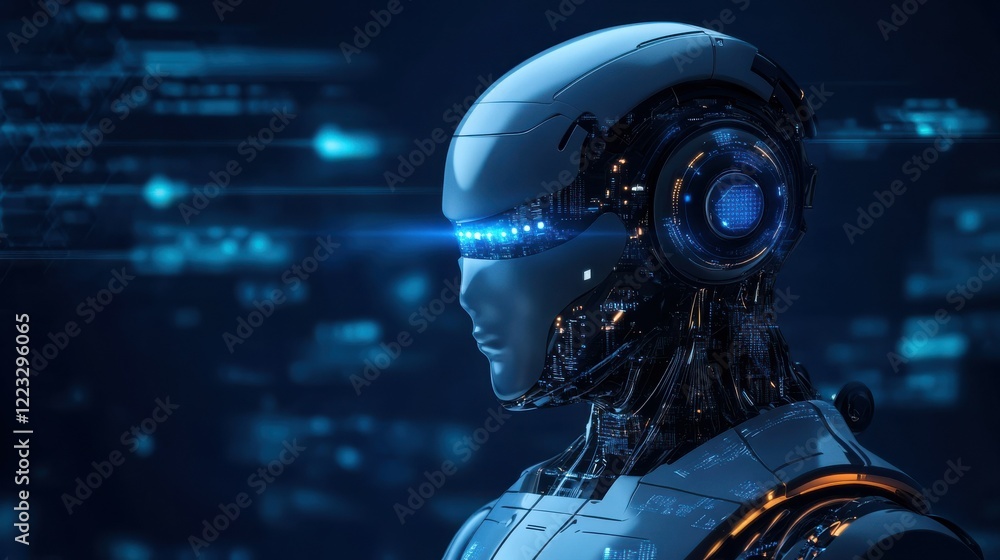 Poster futuristic robotic figure with advanced technology features in a high-tech environment