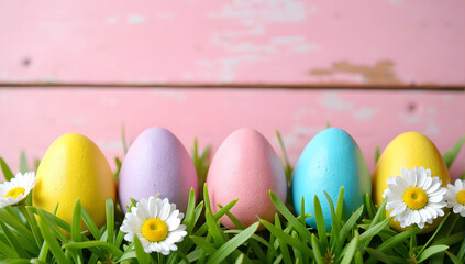 Fototapeta premium Pastel Easter eggs and daisies on lush grass, a natural and cheerful spring composition with ample copy space for holiday greetings or creative branding