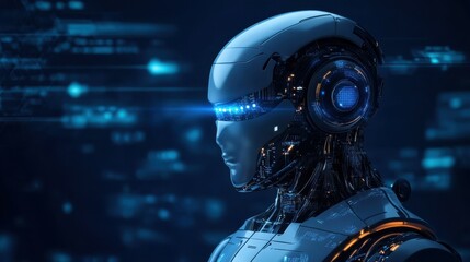 Futuristic robotic figure with advanced technology features in a high-tech environment