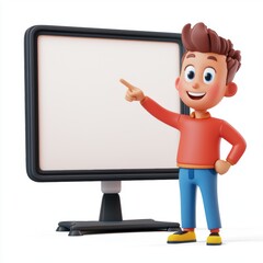 3D icon cartoon presenter pointing at a large screen, isolated on a white background -