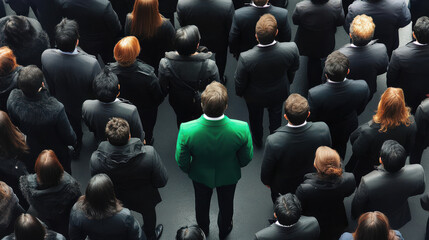 Obraz premium A single person wearing a vibrant green suit stands out in a crowd of black suits, symbolizing individuality and uniqueness. 