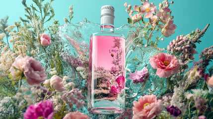 A clear glass bottle with delicate flowers inside, surrounded by vibrant pink and pastel blossoms on a reflective surface.
