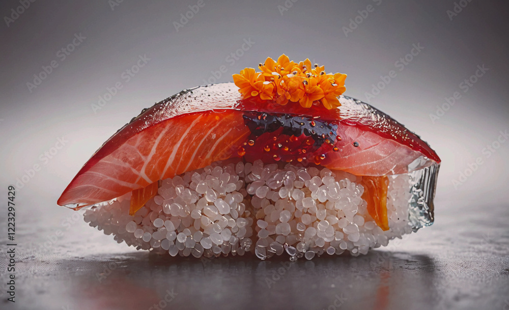 Poster a sushi roll with a red fish and white rice. the sushi roll is topped with a garnish of orange beads