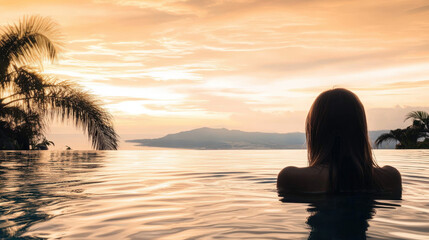 Fototapeta premium A serene moment as a woman enjoys the tranquil ocean waters at sunset, surrounded by breathtaking tropical scenery and golden light. 