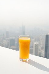 there is a glass of orange juice on a table with a city in the background