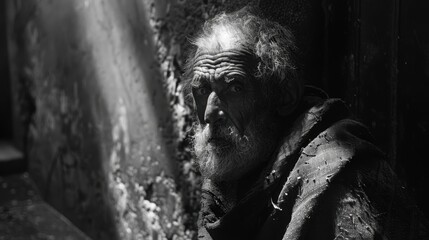 An old man with a beard and a beardless face sitting in a doorway, portrait
