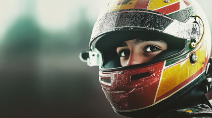 Intense close-up of a young racer's focused eyes through the visor of a colorful helmet, symbolizing determination and speed.
