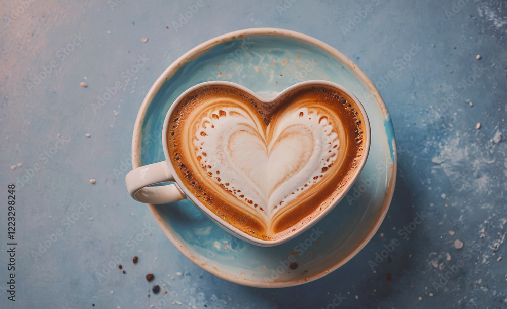 Poster a coffee cup with a heart design on it sits on a blue surface. the heart design is made of foam and 