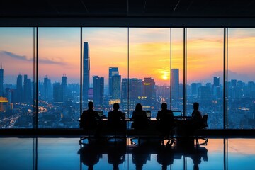 Business meeting takes place in a high-rise office with a panoramic view of a city skyline at...