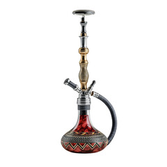 A stylish hookah with a red and gold decorated glass base and a black hose, showcasing intricate detailing.