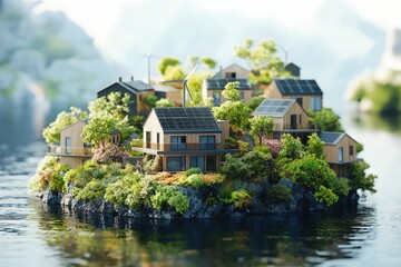 Digital illustration of a sustainable city using AI technology to promote environmental harmony with renewable energy sources