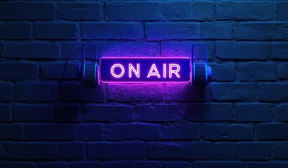 Purple and blue neon "On Air" sign on a brick wall.