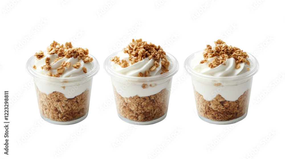 Aufkleber the image shows three clear plastic cups filled with layered yogurt and granola, a simple yet appeti