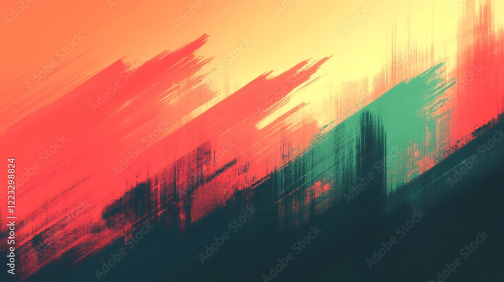 Poster vibrant red and green brushstrokes blending with dark hues, generating textured abstract visual comp