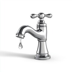 3D icon cartoon silver faucet with a single water droplet, isolated on a white background --quality 2