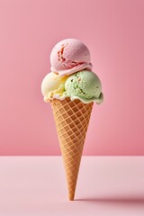 there is a cone of ice cream with three scoops in it