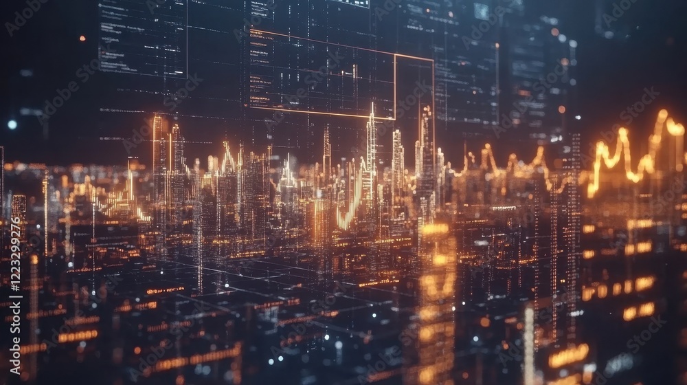 Poster glowing digital data streams create a vibrant futuristic cityscape, illustrating the concepts of sma