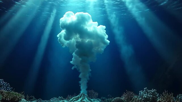hydrothermal vent underwater scene with light beams and volcanic smoke.