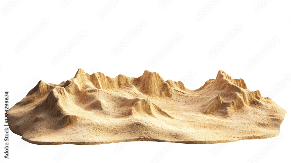 Poster a digitally rendered 3d model of an abstract sand dune landscape, featuring irregular peaks and vall