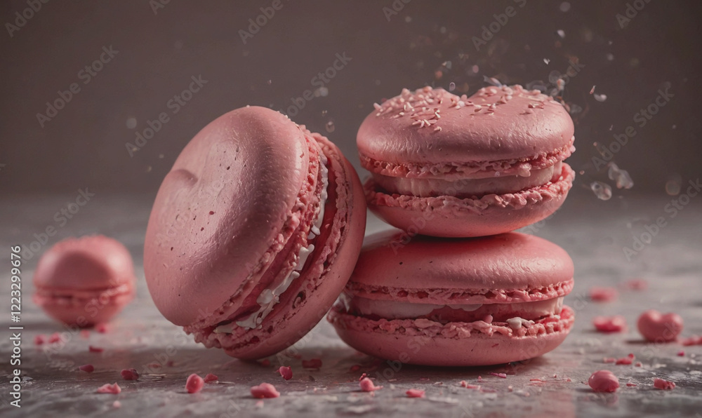 Poster three pink macarons are piled on top of each other. the macarons are decorated with powdered sugar a
