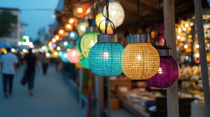 Obraz premium Colorful Lanterns Illuminating a Vibrant Market Street at Dusk