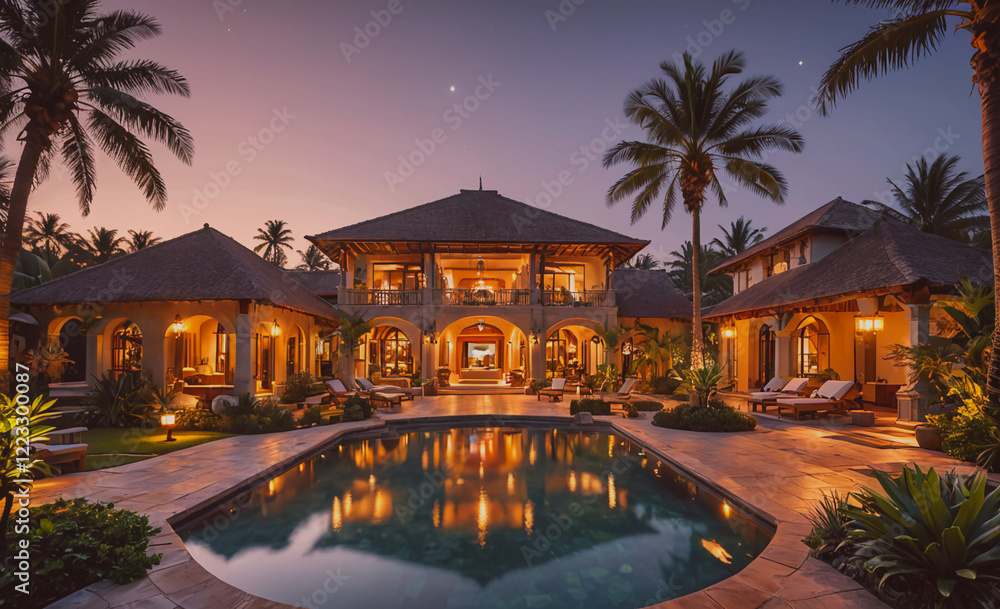 Aufkleber a large house with a pool and a large yard. the pool is lit up at night. the house is surrounded by 