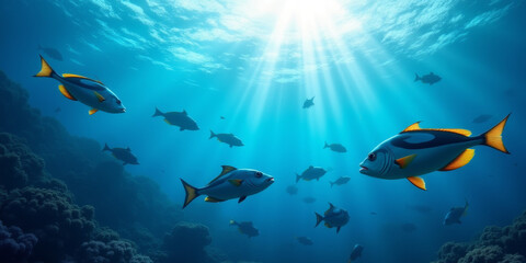 Fototapeta premium Vibrant Marine Life Underwater Scene With Sunlight, Ocean Beauty