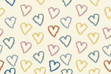 Colorful heart patterns fill the canvas with playful shapes and bright hues, seamless pattern