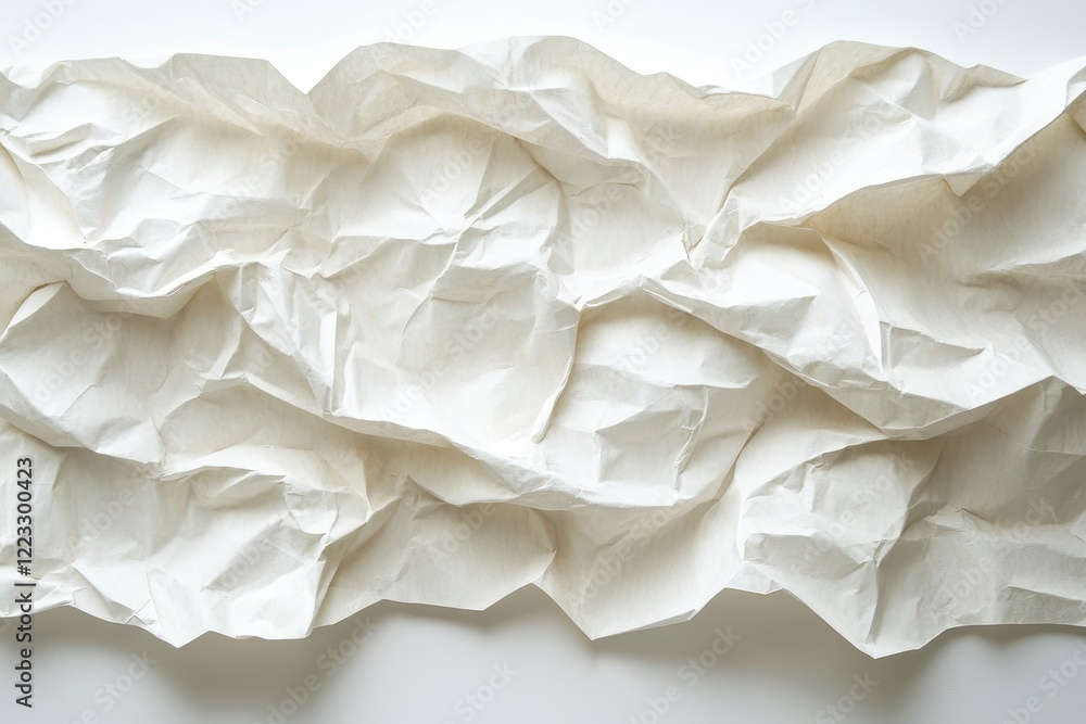 Poster Crumpled white paper sheets displayed flat on a clean surface showcasing unique texture and patterns in soft natural light