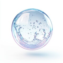3D icon cartoon soap bubble popping with droplets flying outward, isolated on a white background --