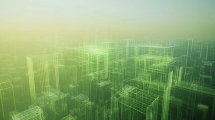 Obraz premium Green wireframe buildings rising from a hazy green background represent concepts of sustainable architecture, smart city, and futuristic urban planning
