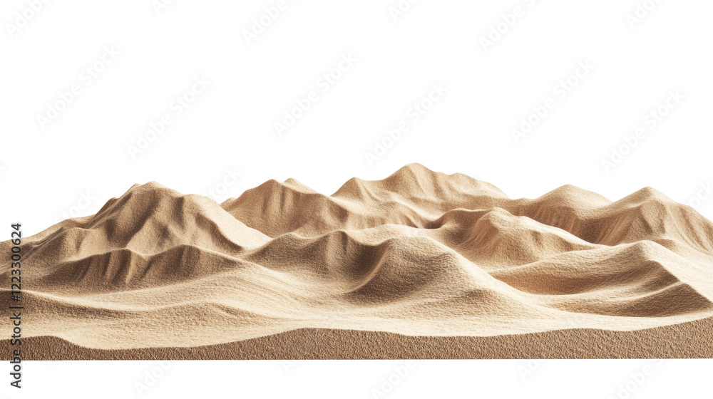 Poster a digitally rendered image depicting a miniature sand dune landscape resembling a mountain range aga
