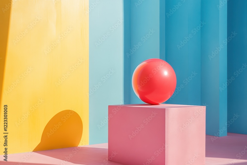 Poster Bright abstract composition featuring colored cylinders and fresh citrus on a vibrant backdrop with botanical elements