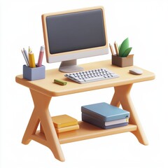Naklejka premium 3D icon cartoon standing desk with a monitor and office supplies, isolated on a white background 