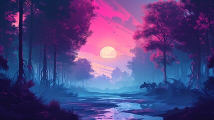 Vibrant forest with surreal colors and atmosphere