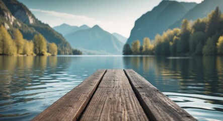 Obraz premium A wooden dock on the edge of an alpine lake.