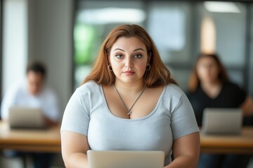 Young businesswoman focused on work with laptop in modern office setting, showcasing dedication and professionalism in a collaborative environment