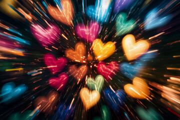 Vibrant explosion of multicolored hearts creates a stunning display of love and affection in an enchanting celebration of romance