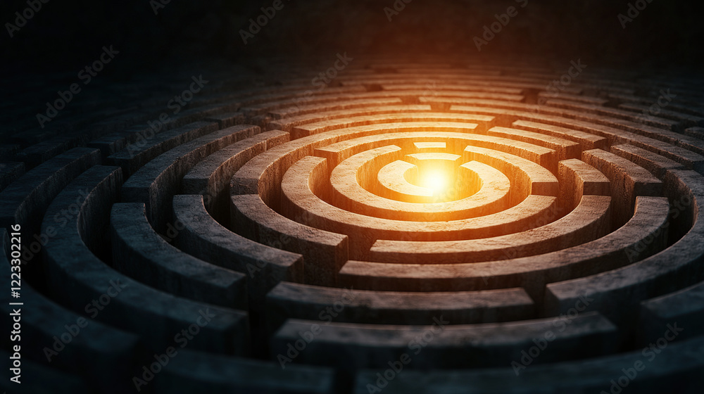 Poster glowing maze with radiant paths and central light source creates mysterious atmosphere. stone labyri
