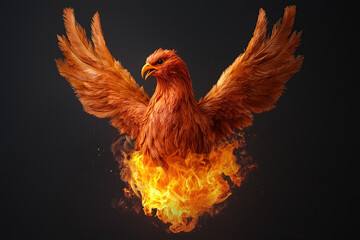 Fototapeta premium majestic phoenix emerges from vibrant flames, symbolizing rebirth and renewal. fiery bird, with its radiant plumage, soars against dark background, embodying strength and transformation