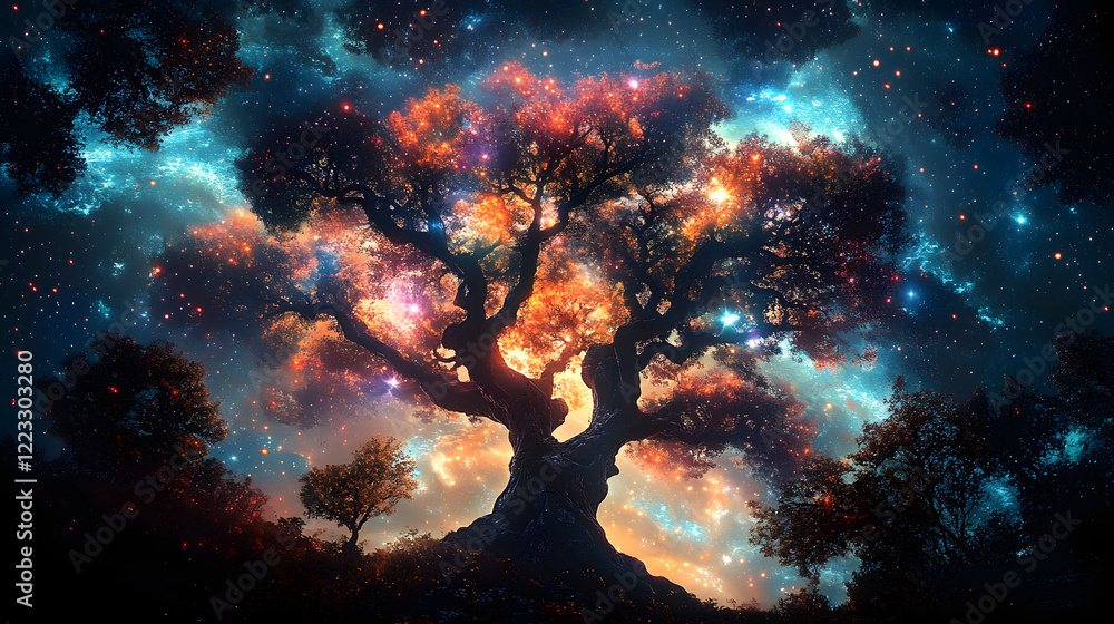 Canvas Prints huge trees of life blend with psychedelic colored galaxies with stars, galaxy clouds 3d generative a