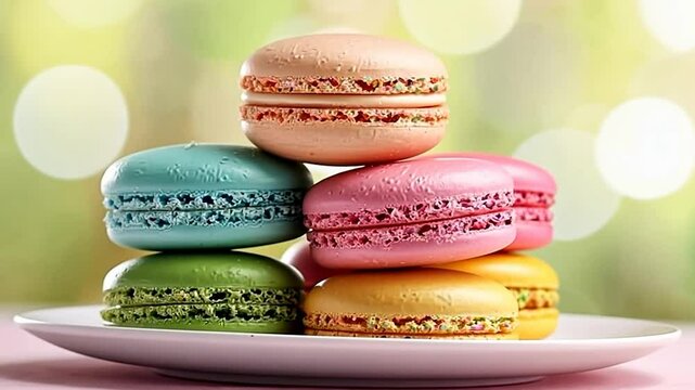 Delicious colorful macarons stacked on a plate, ready to enjoy.