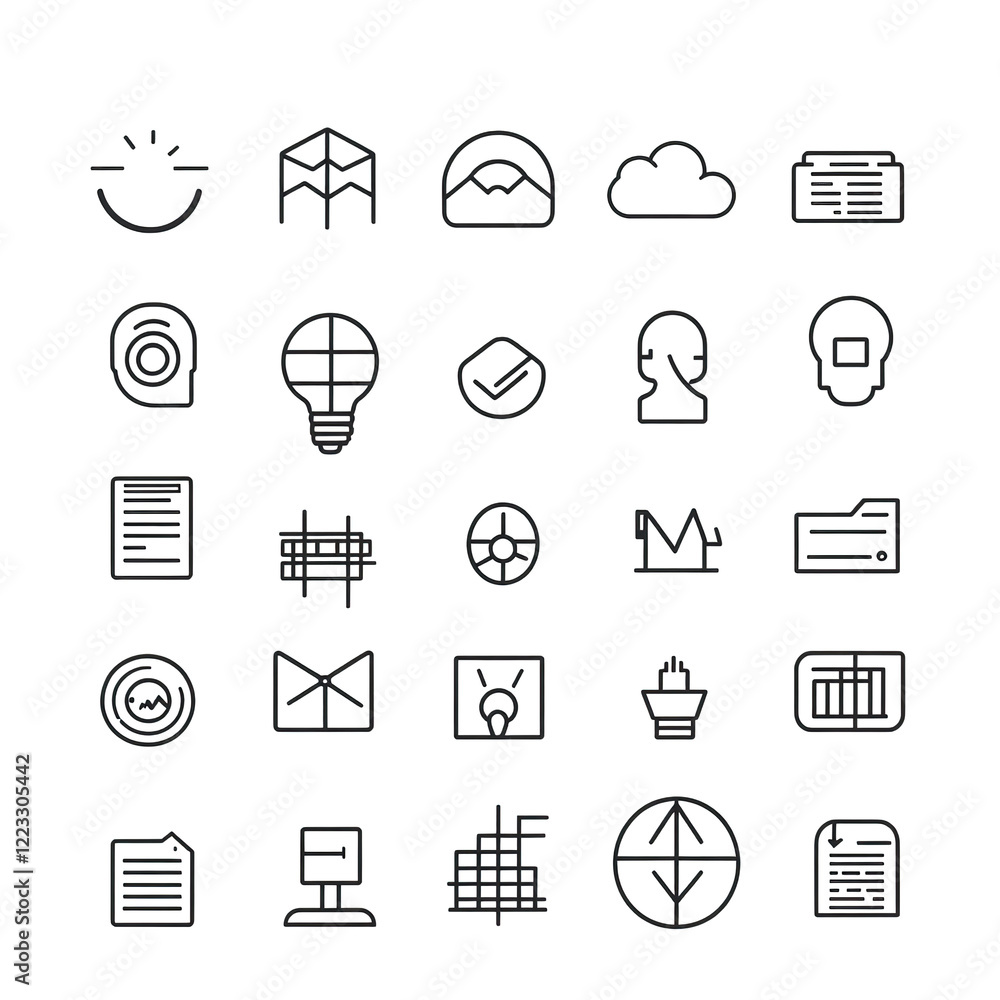 Poster collection of line icons for various concepts.