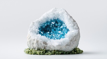 Blue crystal geode on white background, nature scene. Ideal for websites, blogs, and publications