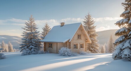 Cozy Wooden Cabin Under Bright Blue Sky and Snowy Landscape