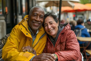 Obraz premium Portrait of a cheerful multiethnic couple in their 70s wearing a lightweight packable anorak isolated on bustling city cafe