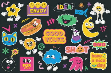 Comic characters stickers set in flat graphic design. Collection elements of groovy positivity mascots and text, good vibes vintage labels with happy emotions in retro style. Vector illustration.