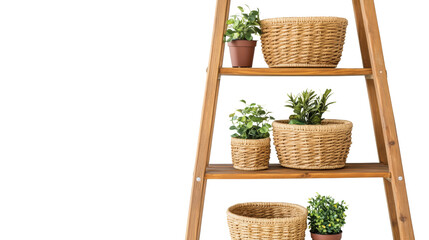 Ladder display with potted plants and baskets. A stylish wooden ladder shelf decorated with green potted plants and woven wicker baskets, creating a cozy and natural home decor arrangement.