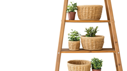 Ladder display with potted plants and baskets. A stylish wooden ladder shelf decorated with green potted plants and woven wicker baskets, creating a cozy and natural home decor arrangement.