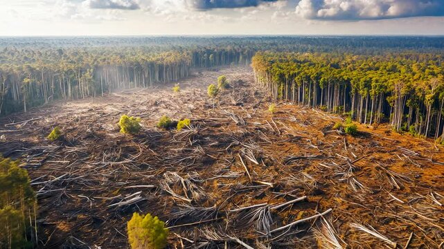 Aerial view of deforestation, showing a contrast between cleared land and remaining forest.  Brown and green tones dominate. Daytime lighting